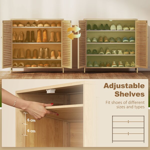 HOMCOM Bamboo Shoe Cabinet with Louvered Doors, 14 Pairs Shoe Storage Cabinet with Adjustable Shelves for Hallway, Natural