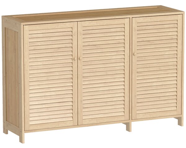 HOMCOM Bamboo Shoe Cabinet with Louvered Doors, 18 Pairs Shoe Storage Cabinet with Adjustable Shelves for Hallway, Natural