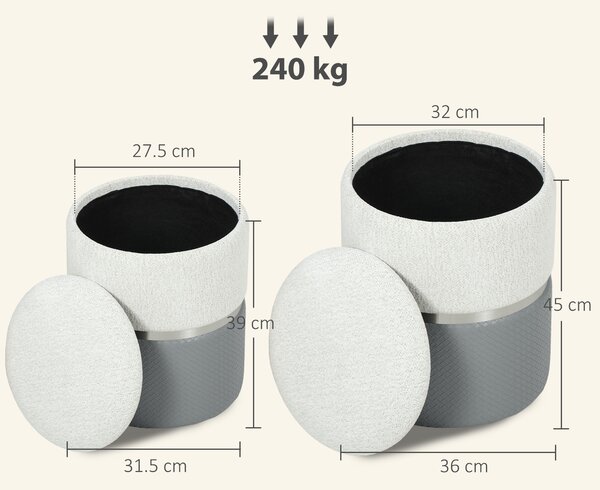 HOMCOM Nesting Round Ottoman with Storage Set of 2 - Cream/Grey