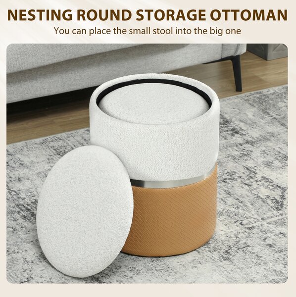 HOMCOM Nesting Round Ottoman with Storage Set of 2 - Cream/Brown