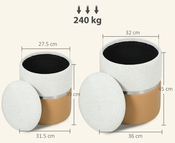 HOMCOM Nesting Round Ottoman with Storage Set of 2 - Cream/Brown