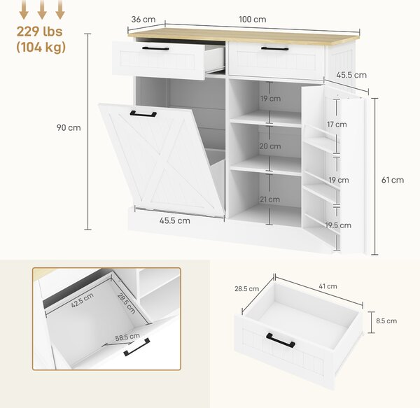 HOMCOM Sideboard with Tilt-out Trash Bin, Farmhouse Kitchen Sideboard with 2 Drawers, Adjustable Shelves, Door Racks, White