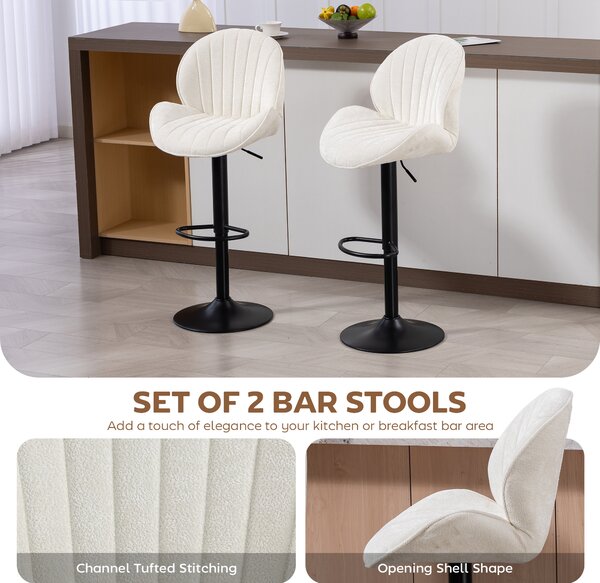 HOMCOM Bar Stools Set of 2, Swivel Barstools with Back, Adjustable Height and Footrest for Kitchen Island, Dining Room, Cream