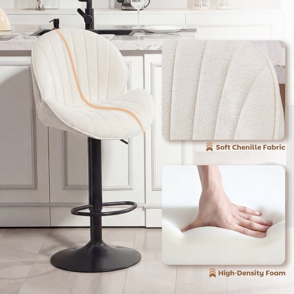 HOMCOM Bar Stools Set of 2, Swivel Barstools with Back, Adjustable Height and Footrest for Kitchen Island, Dining Room, Cream