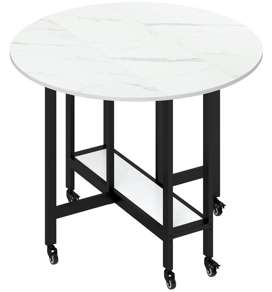 HOMCOM Folding Dining Table, Drop Leaf Table with Open Shelf, Rolling Kitchen Table for Dining Room, Small Spaces, White Marble
