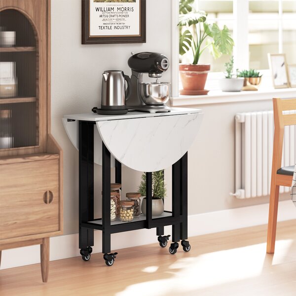 HOMCOM Folding Dining Table, Drop Leaf Table with Open Shelf, Rolling Kitchen Table for Dining Room, Small Spaces, White Marble