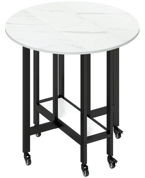 HOMCOM Folding Dining Table, Drop Leaf Table with Open Shelf, Rolling Kitchen Table for Dining Room, Small Spaces, White Marble