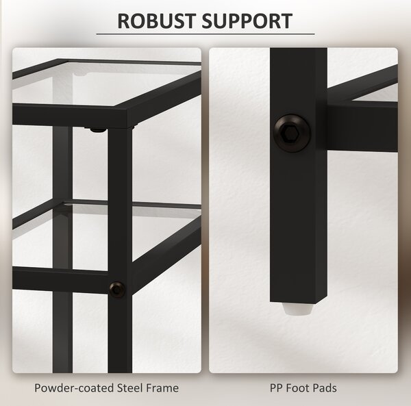 HOMCOM 3-Tier Side Table, Narrow End Table with Storage Shelf and Tempered Glass Tabletop for Small Spaces, Black