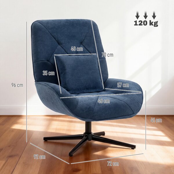 HOMCOM Accent Chair, Chenille Upholstered Swivel Armchair with Lumbar Pillow, High Back, Deep Seat and Metal Legs, Dark Blue