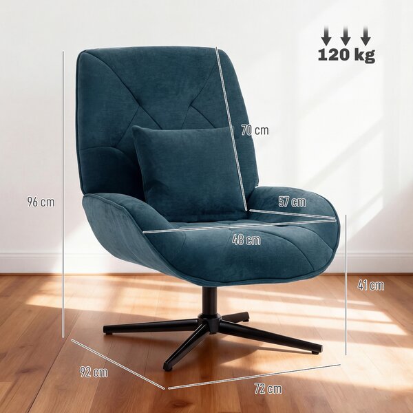 HOMCOM Accent Chair, Chenille Upholstered Swivel Armchair with Lumbar Pillow, High Back, Deep Seat and Metal Legs, Dark Green
