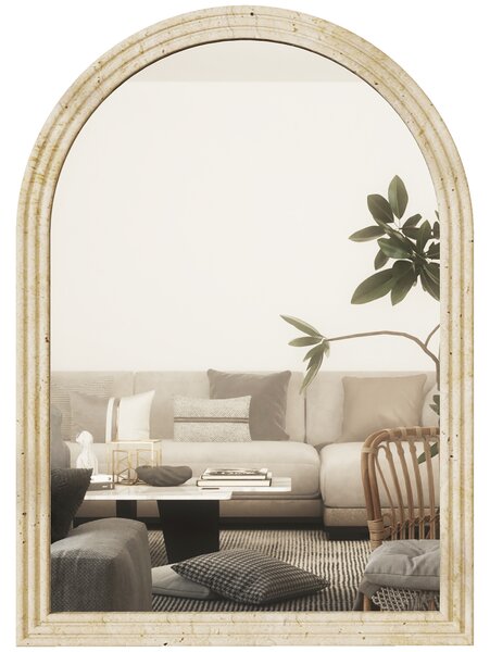 HOMCOM Arched Wall Mirror with Grooved Edge & Hooks, Wall-Mounted Mirror, Modern Tempered Glass & Polystyrene Beige