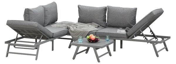 Outsunny 3 Pcs Garden Seating Set w/ Convertible Sofa Lounge Table Padded Cushions Outdoor Patio Furniture Couch Grey