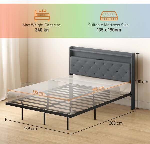 HOMCOM Floating Bed Frame, Upholstered 4ft6 Double Size Bed, Platform Bed with RGB LED Lights and Charging Station, Grey