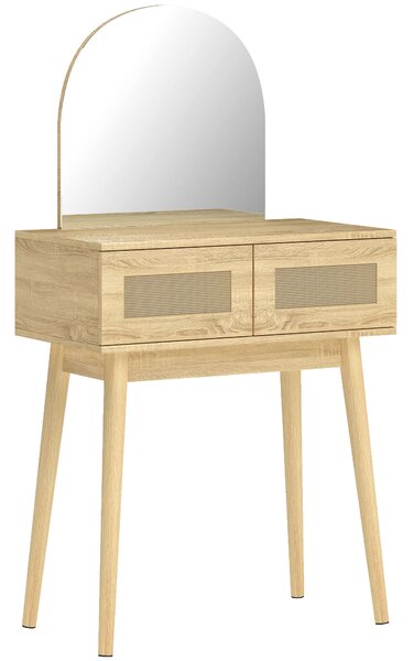 HOMCOM Dressing Table, Compact Vanity Desk with Mirror and 2 Drawers, Natural Wood Finish