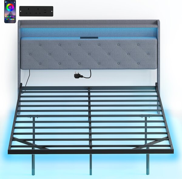 HOMCOM Floating Bed Frame, Upholstered 5ft King Size Bed, Platform Bed with RGB LED Lights and Charging Station, Grey