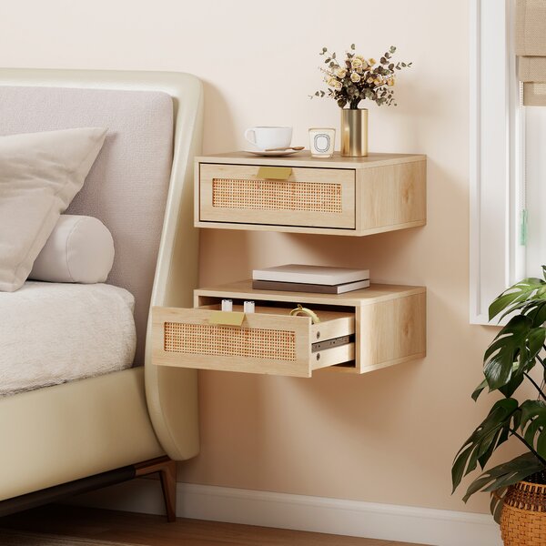 HOMCOM Floating Bedside Tables Set of 2, Wall Mounted Bedside Cabinets with Rattan Drawer and Wood Effect, Oak