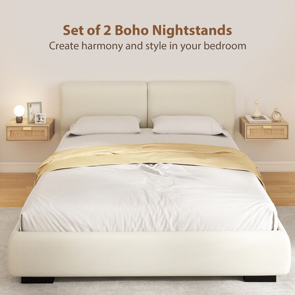 HOMCOM Floating Bedside Tables Set of 2, Wall Mounted Bedside Cabinets with Rattan Drawer and Wood Effect, Oak