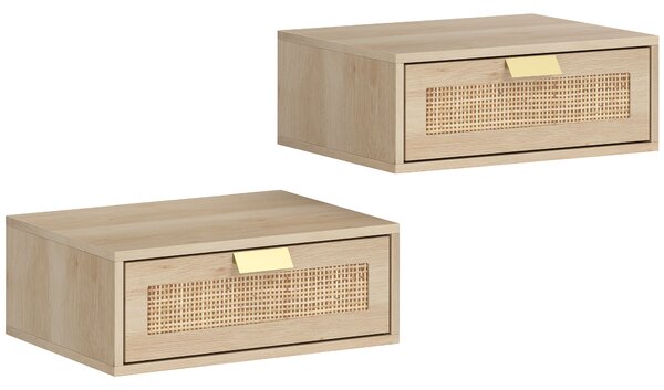 HOMCOM Floating Bedside Tables Set of 2, Wall Mounted Bedside Cabinets with Rattan Drawer and Wood Effect, Oak