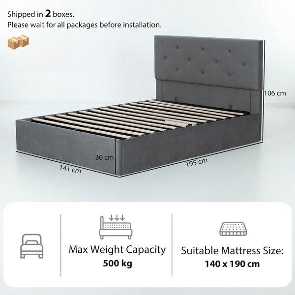 HOMCOM Double Bed Frame Gas Side Lift Under Bed Storage Upholstered Platform Bed Tufted Headboard for 140 x 190 cm Mattress
