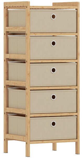 HOMCOM Chest of Drawers, 5 Fabric Drawers Narrow Dresser with Bamboo Frame, Cream White