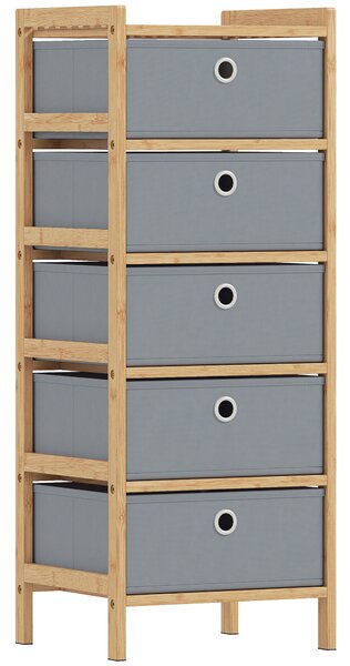 HOMCOM Chest of Drawers, 5 Fabric Drawers Narrow Dresser with Bamboo Frame, Light Grey