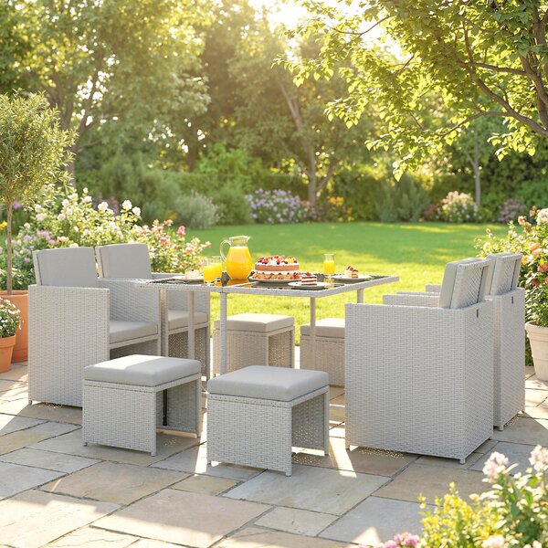 Outsunny 9 Piece Rattan Cube Garden Furniture Dining Set with Armchairs, Footstools and Glass-Top Table, Light Grey