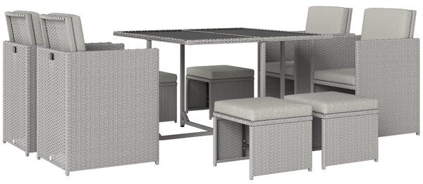 Outsunny 9 Piece Rattan Cube Garden Furniture Dining Set with Armchairs, Footstools and Glass-Top Table, Light Grey