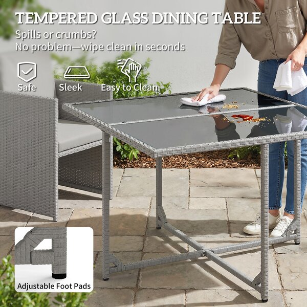 Outsunny 9 Piece Rattan Cube Garden Furniture Dining Set with Armchairs, Footstools and Glass-Top Table, Light Grey