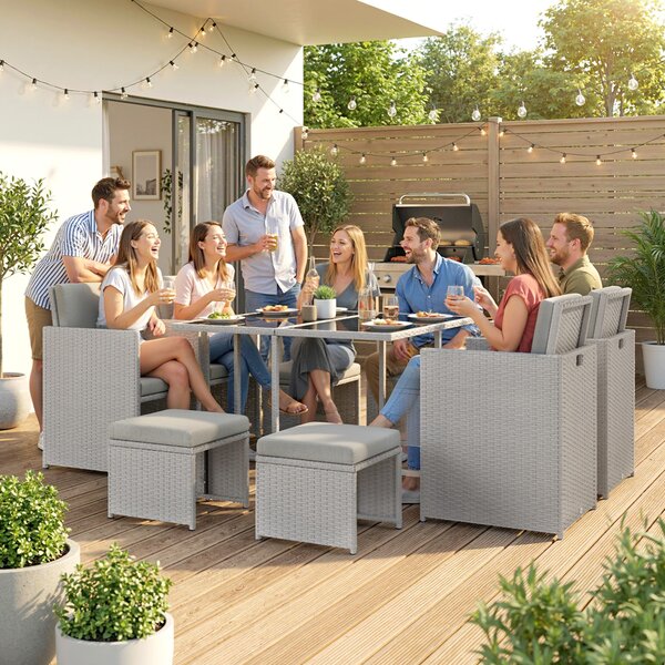 Outsunny 9 Piece Rattan Cube Garden Furniture Dining Set with Armchairs, Footstools and Glass-Top Table, Light Grey