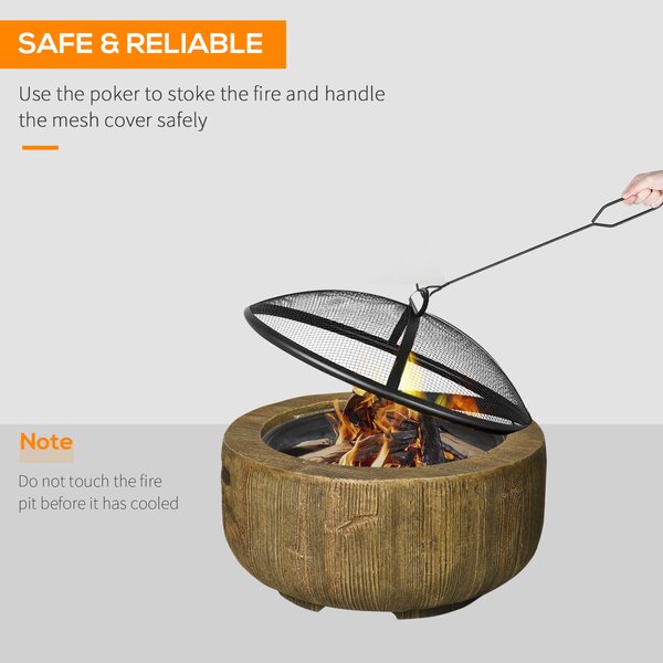 Outsunny Outdoor Fire Pit, 61.5 cm Metal Wood Burning Fireplace with Spark Cover, Poker, Woodgrain Design