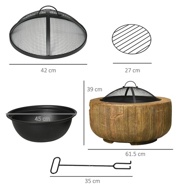 Outsunny Outdoor Fire Pit, 61.5 cm Metal Wood Burning Fireplace with Spark Cover, Poker, Woodgrain Design