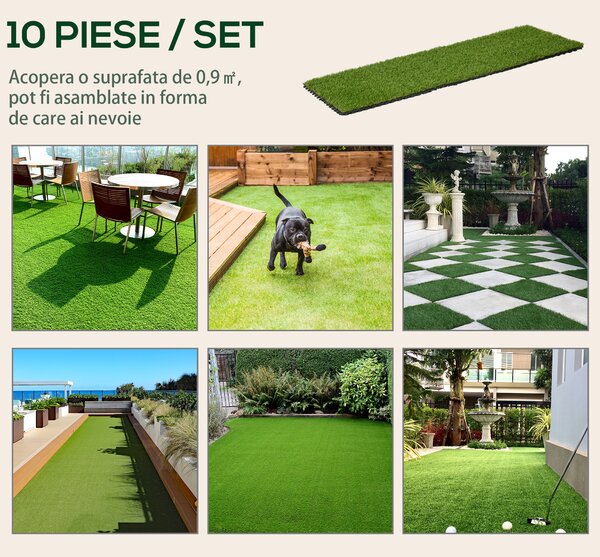 Outsunny 10-Piece Artificial Grass Set, Weatherproof Turf Tiles, 25mm Pile Height, Outdoor Carpet for Garden, Balcony & Patio, 30 x 30cm, Dark Green