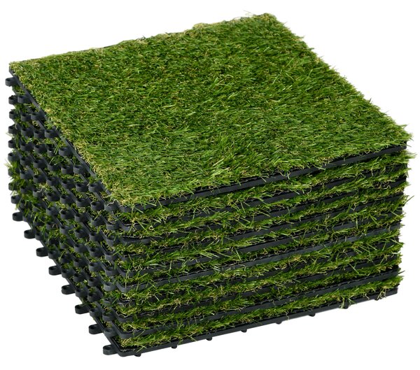 Outsunny 10-Piece Artificial Grass Set, Weatherproof Turf Tiles, 25mm Pile Height, Outdoor Carpet for Garden, Balcony & Patio, 30 x 30cm, Dark Green