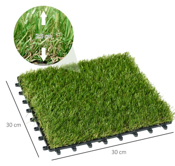 Outsunny 10-Piece Artificial Grass Set, Weatherproof Turf Tiles, 25mm Pile Height, Outdoor Carpet for Garden, Balcony & Patio, 30 x 30cm, Dark Green