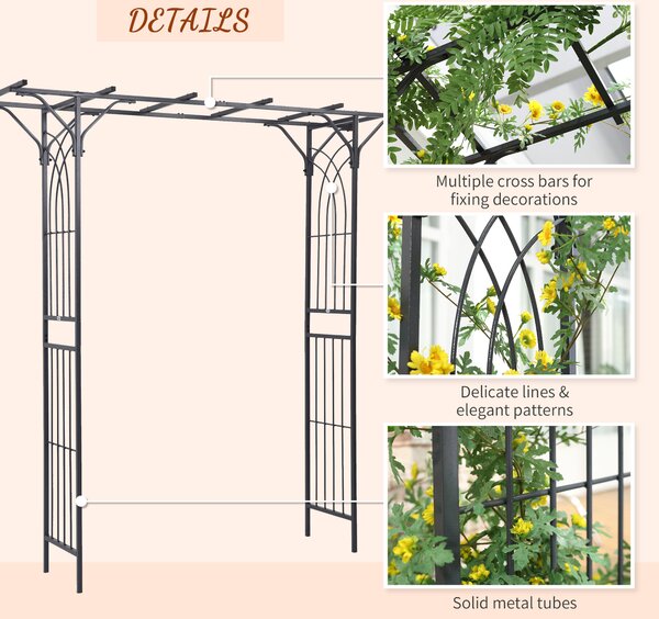 Outsunny 210cm Decorative Metal Garden Trellis Arch with Durable Steel Tubing & Elegant Scrollwork, Great for Weddings, Dark Gre