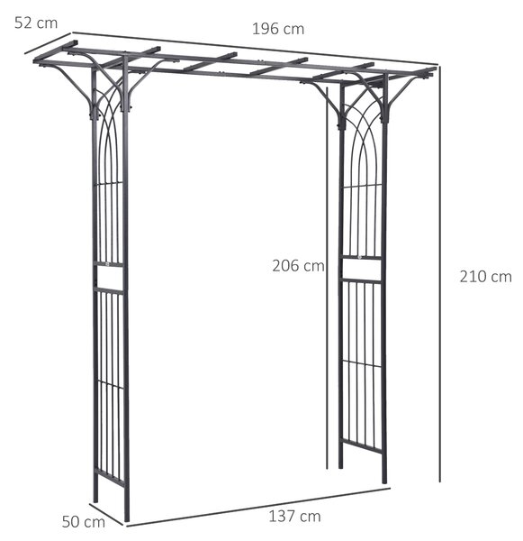 Outsunny 210cm Decorative Metal Garden Trellis Arch with Durable Steel Tubing & Elegant Scrollwork, Great for Weddings, Dark Gre