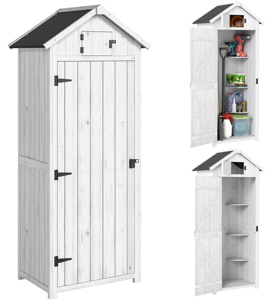 Outsunny Small Shed, Tall Slim Wooden Garden Shed with 3 Removable Shelves and Roof Hatch, Compact Outdoor Tool Storage Cabinet with Asphalt Roof and Door Latch, 77 x 54.2 x 179 cm, Light Grey