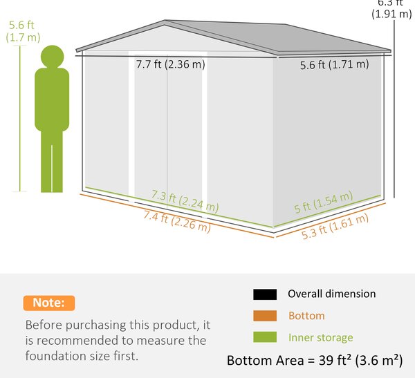 Outsunny 8 x 6ft Galvanised Steel Shed, with Double Door - Dark Grey