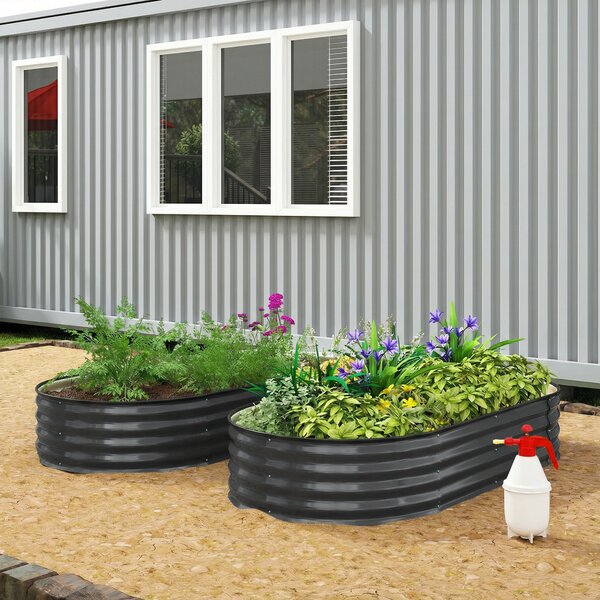 Outsunny Galvanised Raised Garden Bed, Metal Planter Box with Safety Edging, for Flowers, Herbs, Succulents, Dark Grey