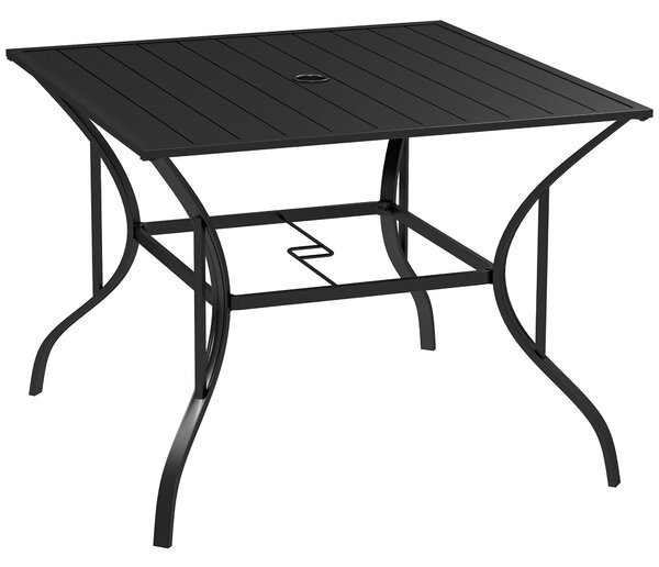 Outsunny Garden Table with Parasol Hole, Outdoor Dining Garden Table for Four, Square Patio Table with Slatted Metal Plate Top, Black