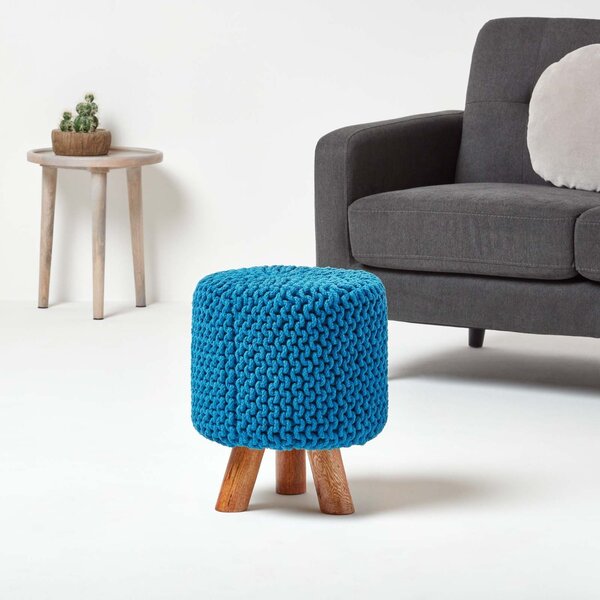 Homescapes Teal Blue Knitted Footstool with Tripod Wooden Legs