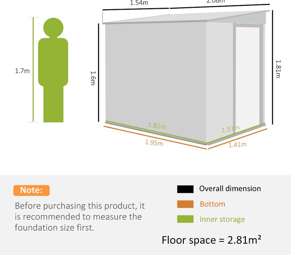 Outsunny 7 x 5ft Galvanised Metal Shed, with Sliding Door - Light Grey