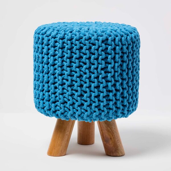 Homescapes Teal Blue Knitted Footstool with Tripod Wooden Legs