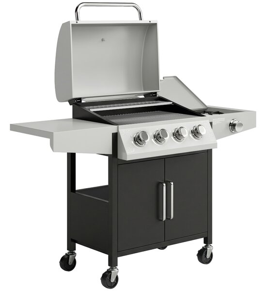 Outsunny 4+1 Burner Gas BBQ Grill with Side Burner, 50000 BTU Steel Portable Gas Barbecue Grill with Built-in Thermometer, Lid