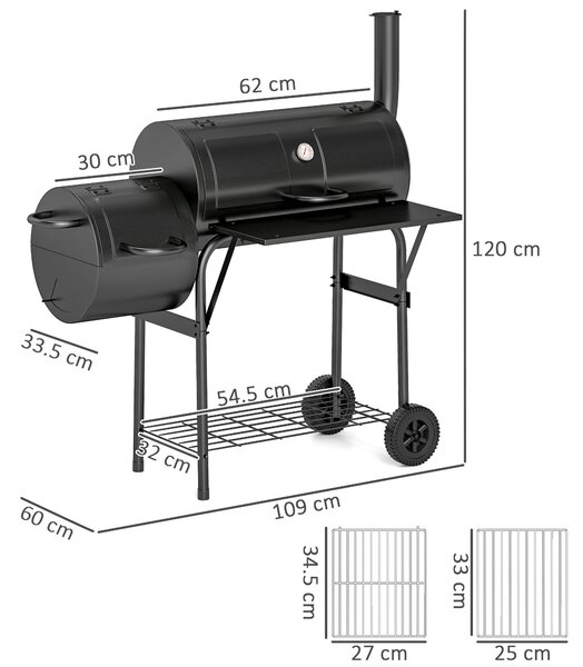 Outsunny Barbecue Grill Portable Outdoor Charcoal BBQ Grill with Offset Smoker 109 x 60 x 120 cm Black