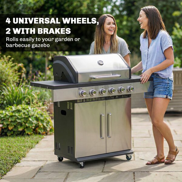 Outsunny 6 Burner Liquid Propane Gas BBQ Grill, Outdoor Portable Gas Barbecue Grill with Warming Rack, Side Tables, Cabinet