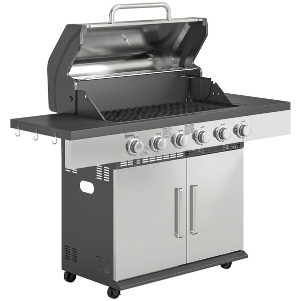 Outsunny 6 Burner Liquid Propane Gas BBQ Grill, Outdoor Portable Gas Barbecue Grill with Warming Rack, Side Tables, Cabinet