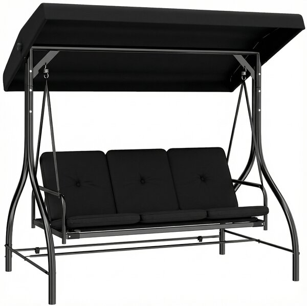 Outsunny 3 Seater Canopy Swing Chair, 2 in 1 Garden Swing Seat Bed, with Adjustable Canopy and Metal Frame, Black