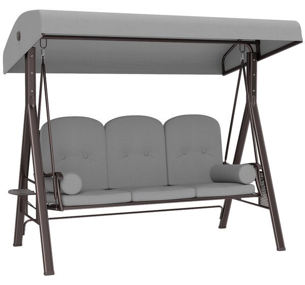 Outsunny 3 Seater Canopy Swing Chair, Outdoor Garden Swing Seat with Adjustable Canopy, Cushions and Cup Trays, Steel Frame, Light Grey