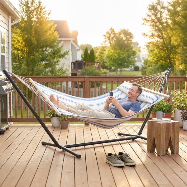 Outsunny Cotton Hammock, Soft Portable Swing Sleeping w/ Headrest & Side Pocket, Blue and White